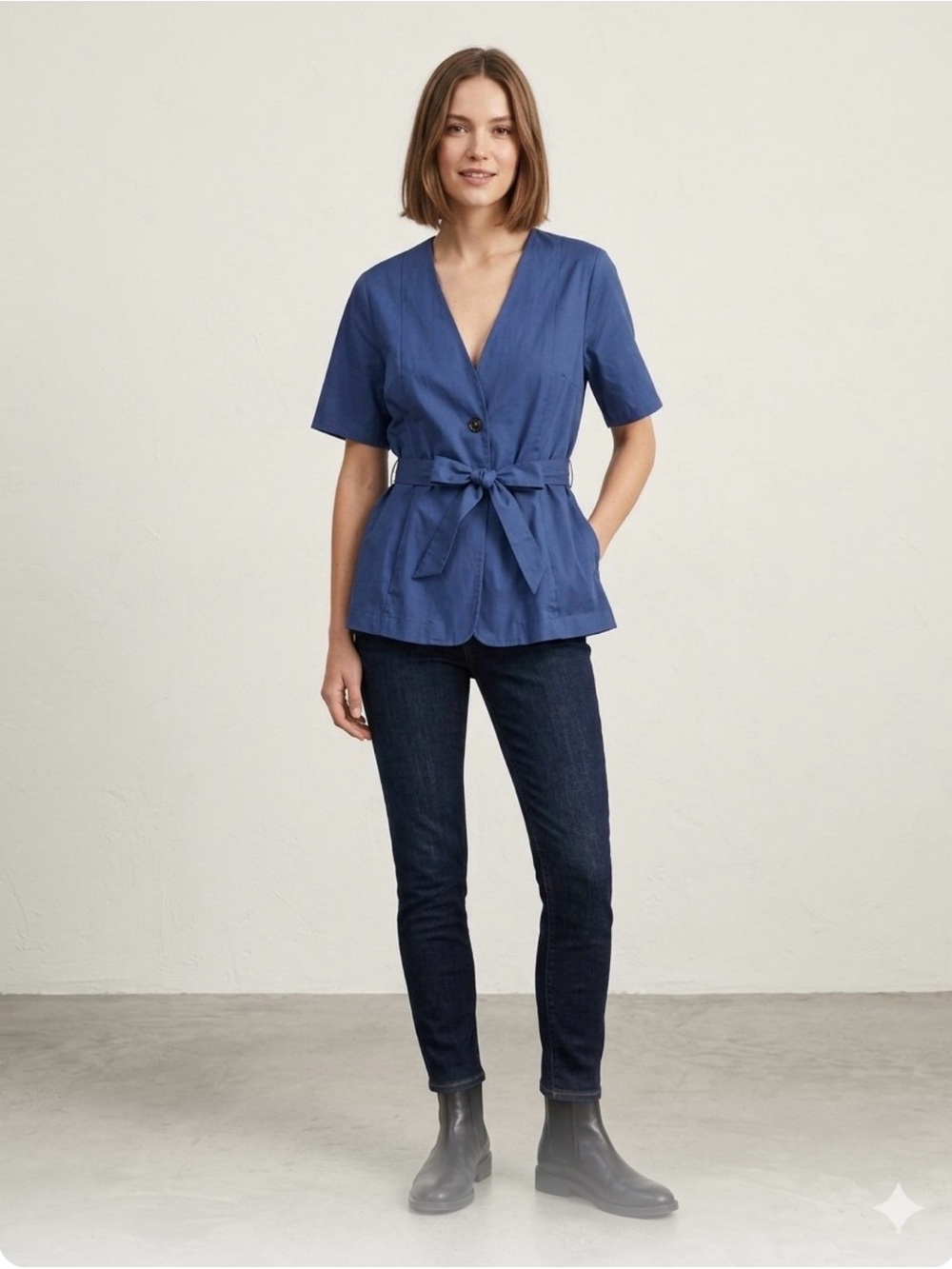 Blue V-Neck Tie-Waist Short Sleeve Top